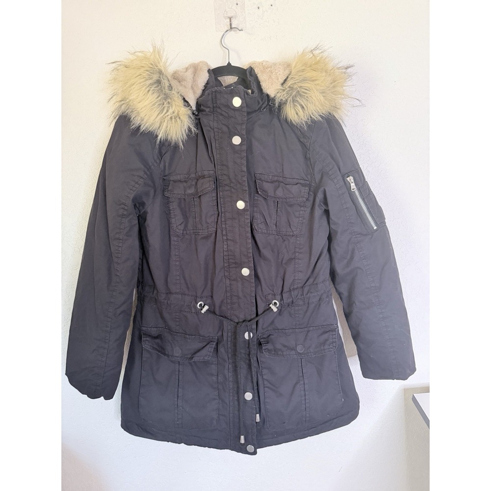 YMI Collection Fur Trim Hooded Jacket Womens L Black Full Zip Parka Coat